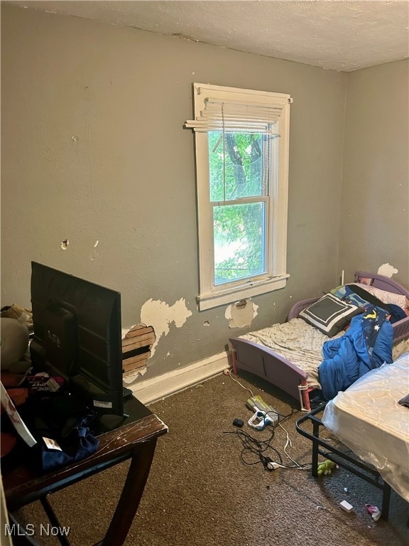 bedroom featuring a textured ceiling and carpet flooring