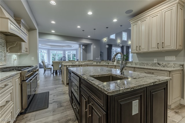 kitchen with hanging light fixtures, light stone countertops, stainless steel appliances, light hardwood / wood-style flooring, and sink