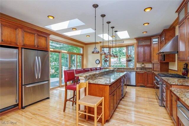 kitchen with appliances with stainless steel finishes, wall chimney exhaust hood, a skylight, and light wood-type flooring