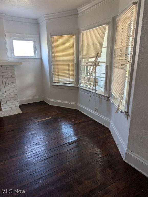 interior space with ornamental molding and dark hardwood / wood-style flooring