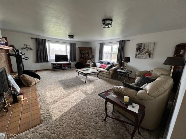 carpeted living room with a fireplace