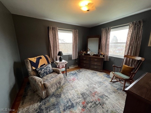 sitting room with a baseboard radiator and light wood-type flooring