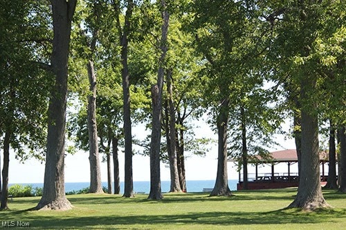 view of home's community featuring a water view and a lawn