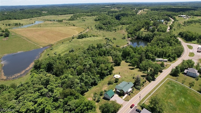 birds eye view of property featuring a water view and a rural view