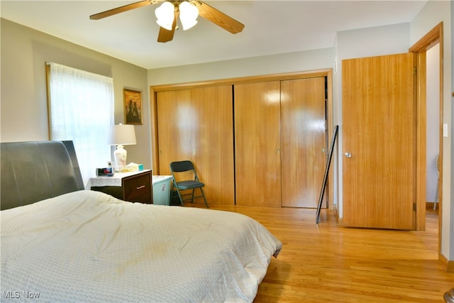 bedroom with ceiling fan, a closet, and light hardwood / wood-style flooring