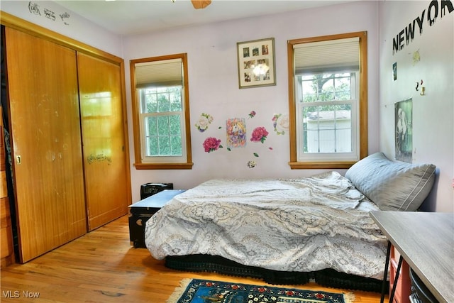 bedroom with light wood finished floors, multiple windows, and a closet