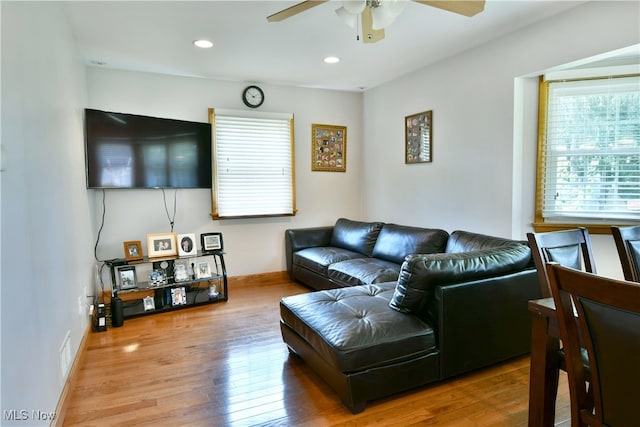 living room with ceiling fan and hardwood / wood-style flooring