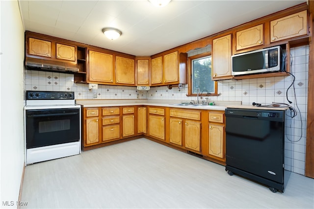 kitchen with dishwasher, decorative backsplash, sink, electric range, and light tile patterned floors