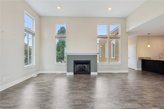 unfurnished living room with sink and dark hardwood / wood-style flooring