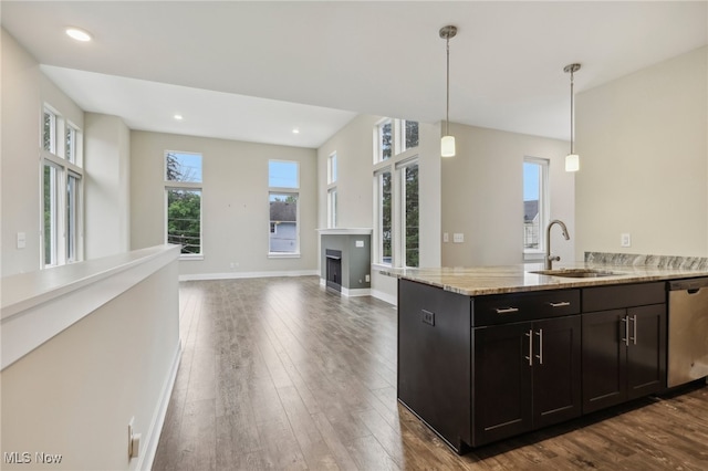 kitchen with sink, decorative light fixtures, dark hardwood / wood-style flooring, and stainless steel dishwasher