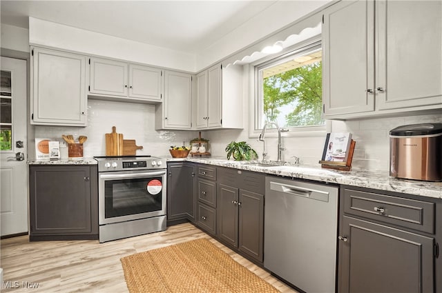 kitchen featuring light stone counters, sink, light hardwood / wood-style flooring, gray cabinets, and stainless steel appliances