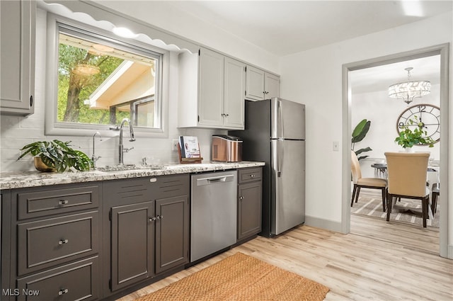 kitchen featuring sink, appliances with stainless steel finishes, an inviting chandelier, light wood-type flooring, and decorative backsplash