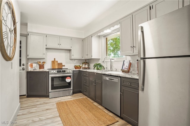 kitchen featuring tasteful backsplash, sink, light hardwood / wood-style flooring, gray cabinetry, and appliances with stainless steel finishes