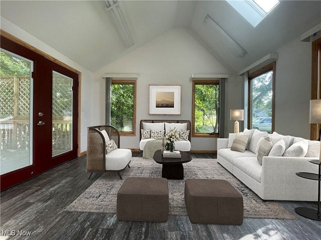 living room with vaulted ceiling with skylight and dark hardwood / wood-style floors