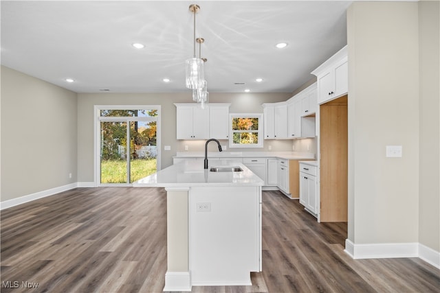 kitchen with wood-type flooring, white cabinetry, a kitchen island with sink, and sink