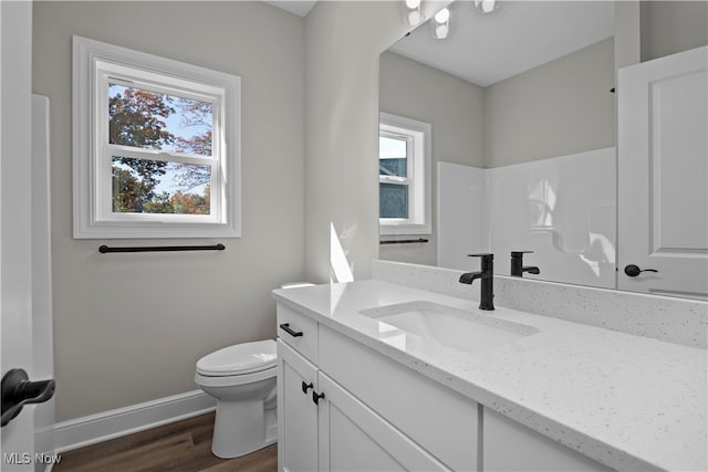 bathroom with a shower, hardwood / wood-style floors, vanity, and toilet