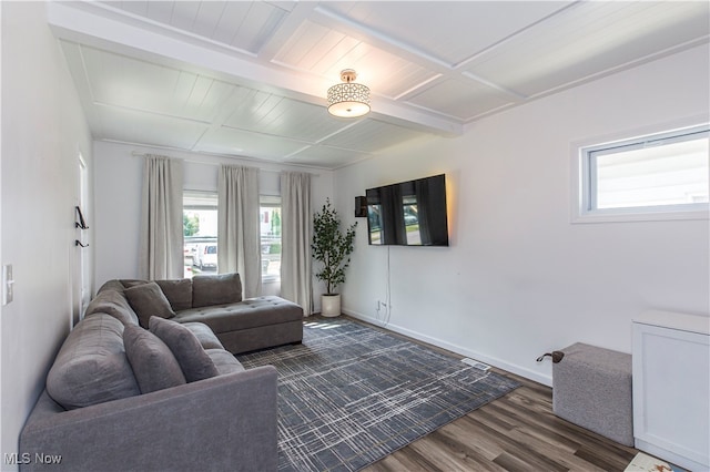 living room featuring beamed ceiling and dark wood-type flooring