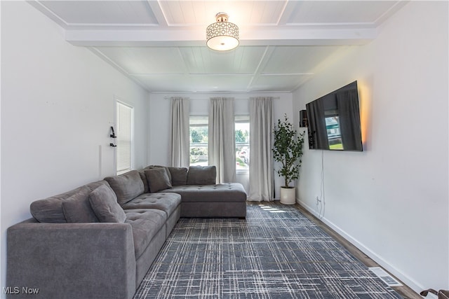 living room with dark hardwood / wood-style flooring