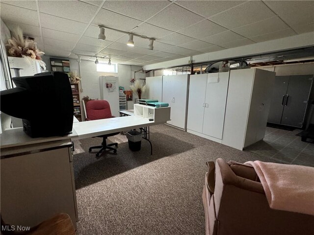 home office with a drop ceiling and carpet floors