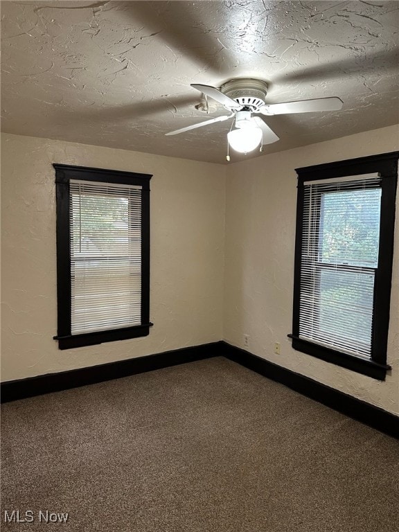 spare room featuring a wealth of natural light, ceiling fan, and carpet