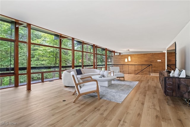 living room with expansive windows and light hardwood / wood-style floors