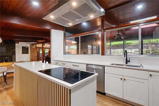 kitchen featuring sink, wood ceiling, premium range hood, and dishwasher