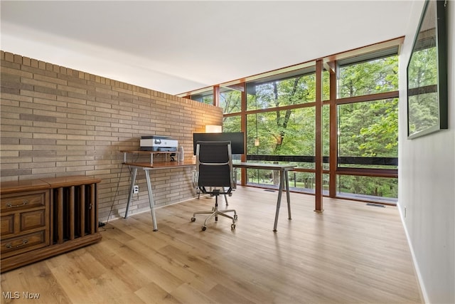 unfurnished office featuring light hardwood / wood-style floors, plenty of natural light, and brick wall