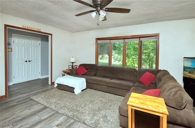 living room featuring hardwood / wood-style floors, ceiling fan, and a textured ceiling