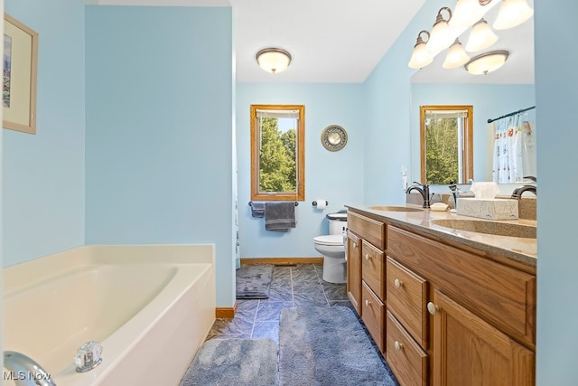 full bathroom featuring vanity, independent shower and bath, and toilet