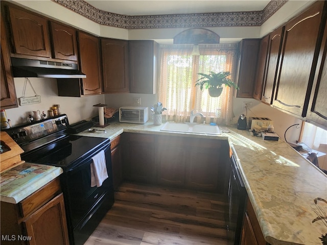 kitchen featuring sink, black electric range oven, dark brown cabinets, and dark hardwood / wood-style floors