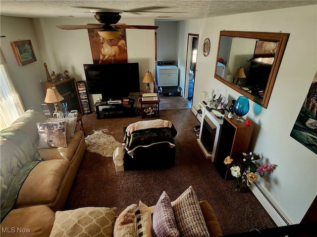 living room featuring dark carpet, a baseboard radiator, a textured ceiling, and ceiling fan