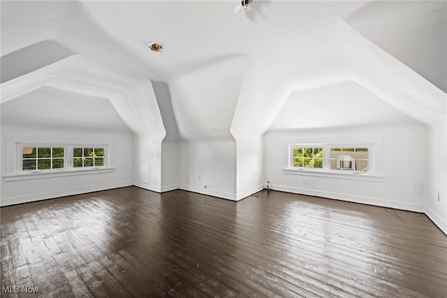 additional living space with lofted ceiling, baseboards, dark wood finished floors, and a healthy amount of sunlight