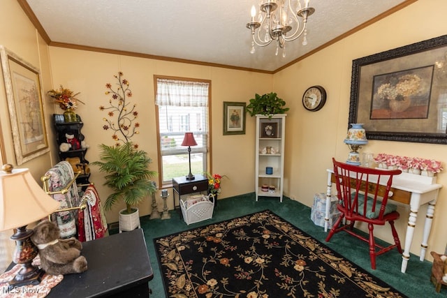 dining space with ornamental molding, a textured ceiling, a notable chandelier, and carpet flooring