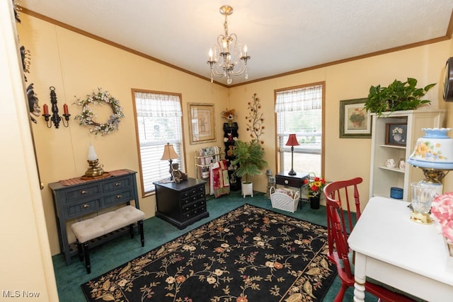 carpeted home office with a chandelier, crown molding, and vaulted ceiling