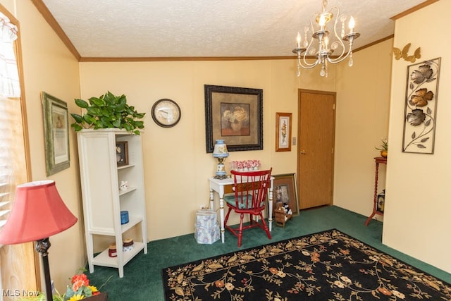 rec room with ornamental molding, a textured ceiling, and carpet floors