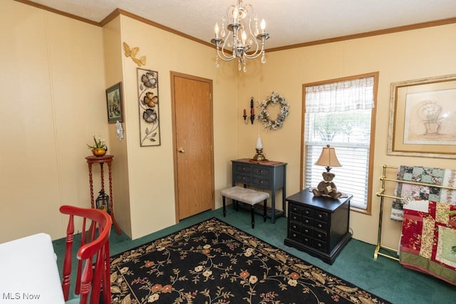 interior space with crown molding, an inviting chandelier, and carpet floors