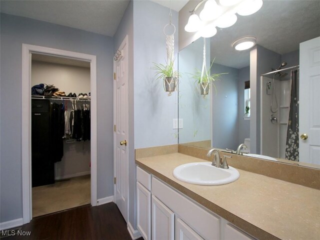 bathroom with curtained shower, vanity, and wood-type flooring