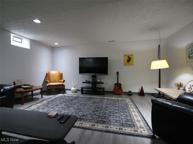 living room featuring hardwood / wood-style flooring and a textured ceiling