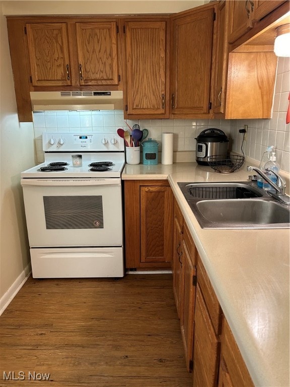 kitchen with dark hardwood / wood-style floors, sink, electric range, and decorative backsplash