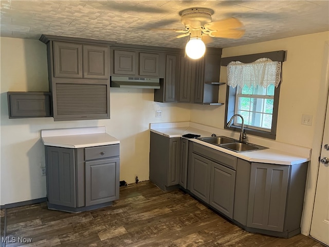 kitchen with ceiling fan, sink, dark hardwood / wood-style flooring, and gray cabinetry