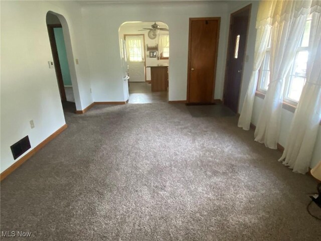 carpeted empty room with ceiling fan and a healthy amount of sunlight