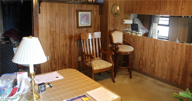 sitting room with wooden walls and carpet flooring