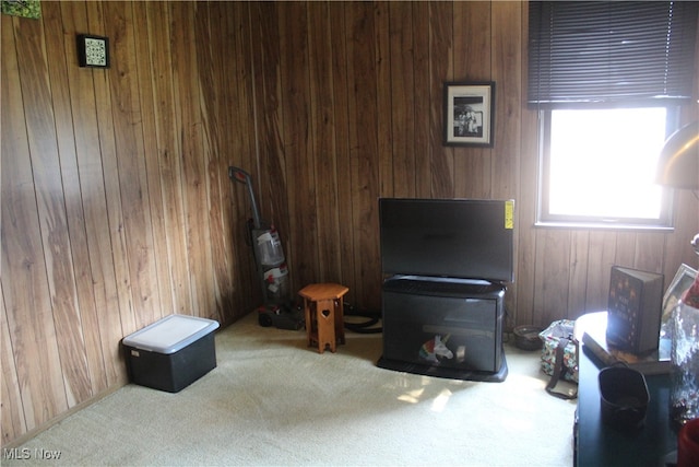 living area featuring wood walls and carpet floors