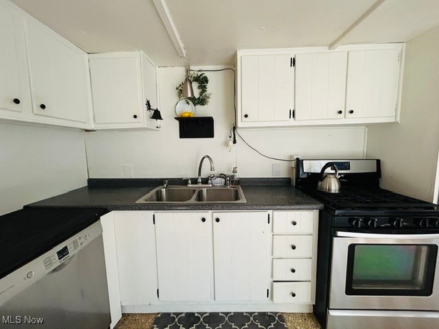 kitchen with white cabinets, sink, stainless steel range with gas stovetop, and dishwasher