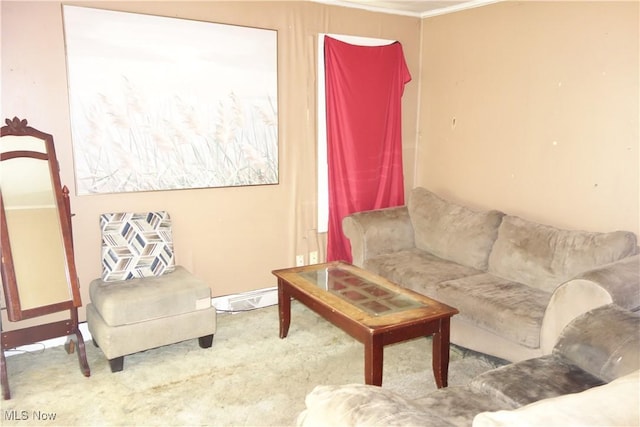 living area featuring ornamental molding and carpet flooring