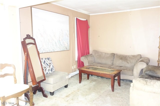 carpeted living room featuring crown molding