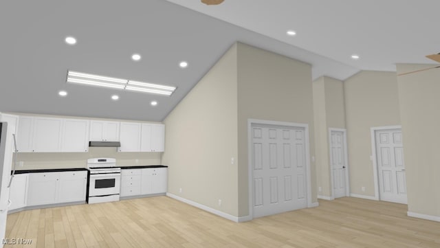 kitchen featuring white range oven, white cabinets, high vaulted ceiling, and light hardwood / wood-style flooring