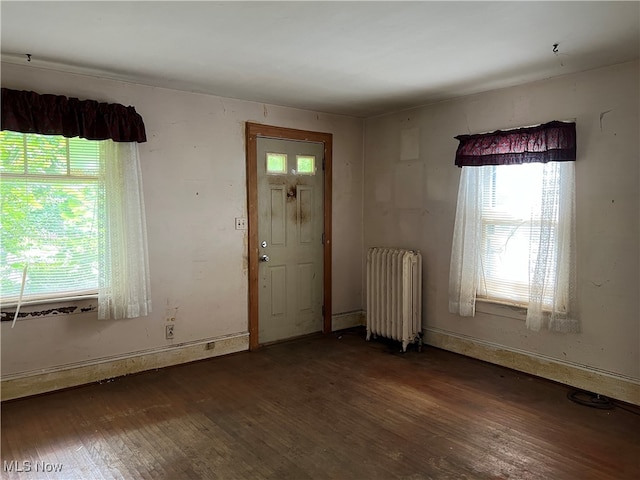 empty room featuring dark hardwood / wood-style flooring, a wealth of natural light, and radiator