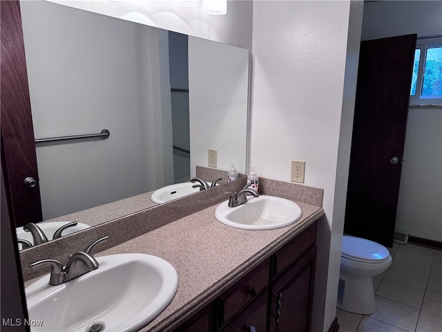 bathroom featuring tile patterned flooring, toilet, and vanity