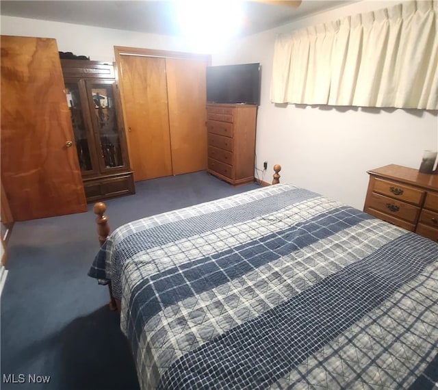 carpeted bedroom with a closet and ceiling fan